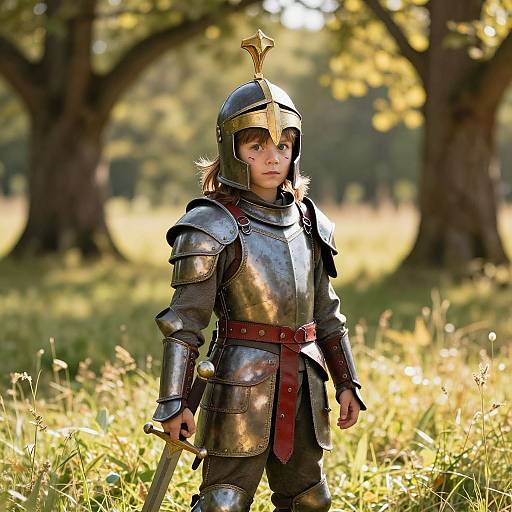 Young Warrior Boy in Sunlit Meadow