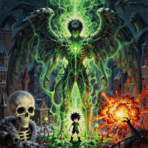 Digital fantasy artwork: A glowing, green, skeletal winged figure towers over a small, spiky-haired character, surrounded by fire and skulls, with
