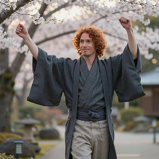 Photograph of a red-haired man with curly hair, wearing a dark blue kimono, raising his fists in a Japanese garden with cherry blossoms in