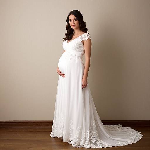 Photograph of a pregnant woman with long dark hair, wearing a white lace wedding dress, standing against a plain beige wall, gently touching her baby bump
