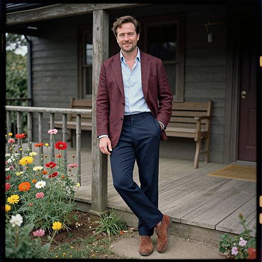 Photograph of a smiling, brown-haired man in a burgundy blazer, blue shirt, dark pants, and brown shoes, leaning against a wooden