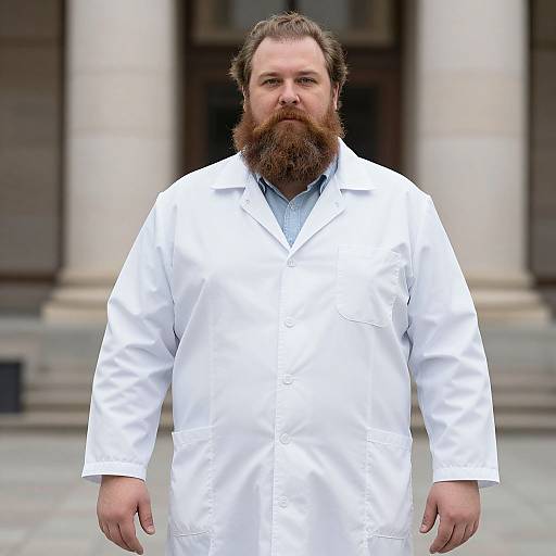 Photograph of a bearded man with a full brown beard, wearing a white lab coat over a blue shirt, standing in front of a building with