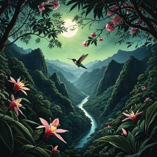 Vibrant Hummingbird Over Misty Rainforest