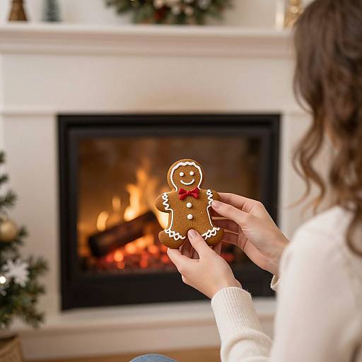 Photograph of a woman with wavy brown hair, wearing a white sweater, holding a decorated gingerbread man cookie by a cozy fireplace adorned with Christmas