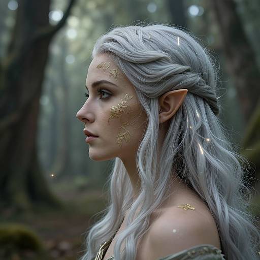 Digital art of a silver-haired, elven woman with pointed ears, gold leaf face markings, in a mystical forest. Profile view, serene expression.