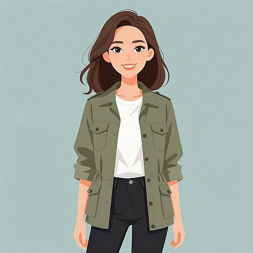 Digital illustration of a smiling woman with medium-length brown hair, wearing an olive green jacket, white shirt, and black pants, against a light blue background