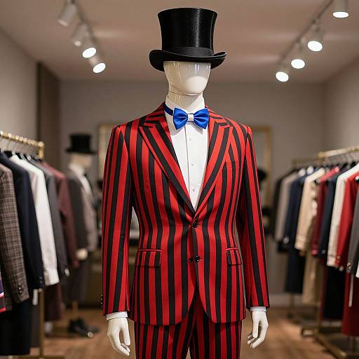 Mannequin in Red and Black Striped Suit with Top Hat