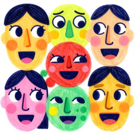 Colorful digital illustration of six smiling, cartoon faces with black hair, rosy cheeks, and diverse skin tones, arranged in a circular pattern on a