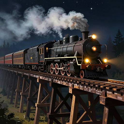 Nighttime illustration of a black steam locomotive with white smoke, red wheels, and glowing lights, crossing a wooden trestle bridge in a dark forest