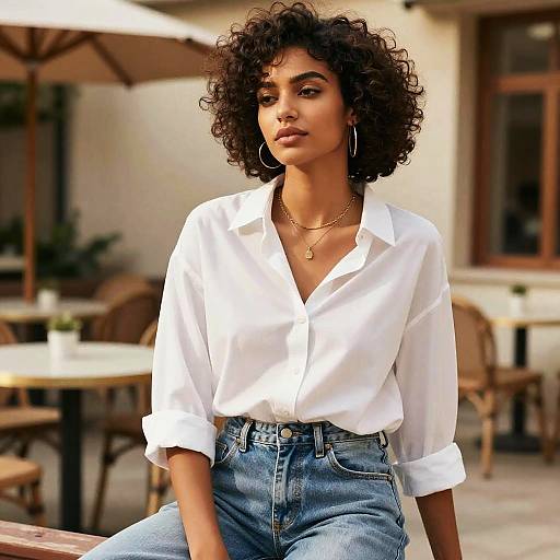 Photograph of a young woman with curly black hair, wearing a white button-up shirt and high-waisted blue jeans, sitting outdoors at a café