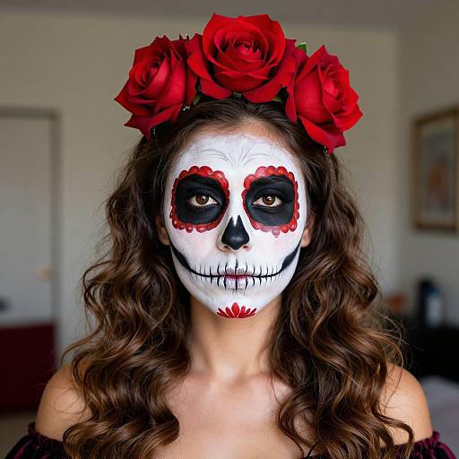Photograph of a woman with white face paint, black and red skull design, red flower crown, wavy brown hair, off-shoulder black