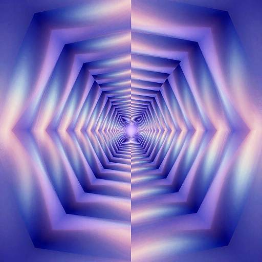 Digital artwork: Symmetrical, hypnotic, neon blue and white hexagonal tunnel with glowing, concentric patterns creating a 3D, optical illusion
