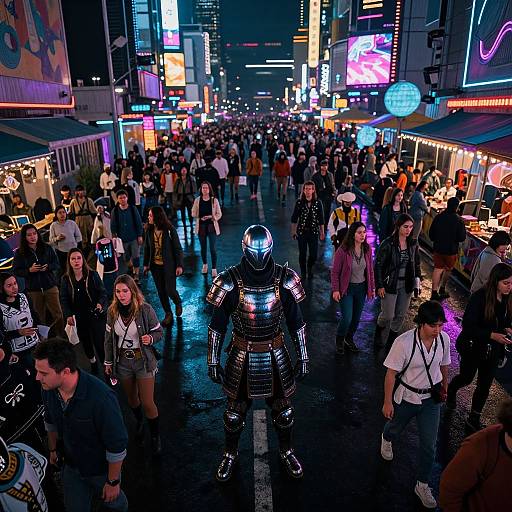 Photograph of a vibrant, neon-lit city street at night, crowded with diverse people. A person in shiny, futuristic armor stands center, surrounded
