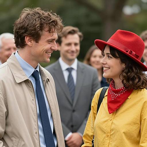 Smiling Couple Engaged in Conversation Outdoors