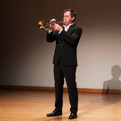 Middle-Aged Man Playing Golden Trumpet