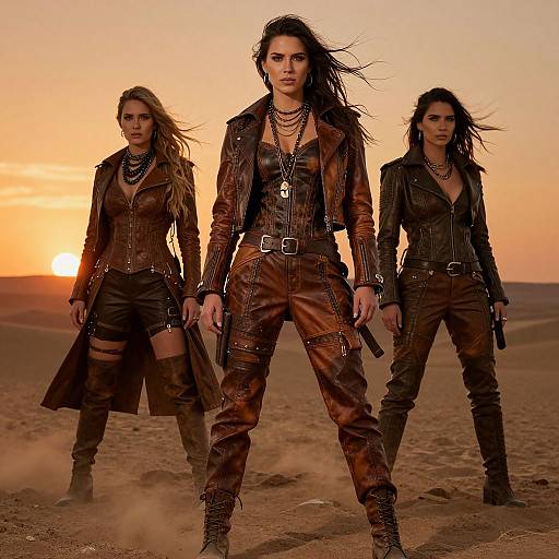 Photograph of three fierce, dark-haired women in brown leather outfits with belts and chains, standing confidently in a desert at sunset.