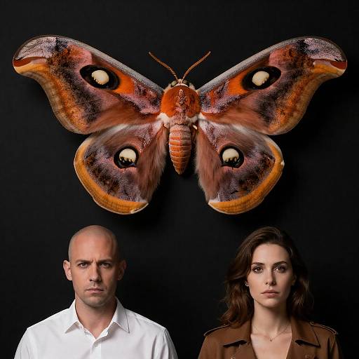 Large Vibrant Moth with Two People Against Black Background