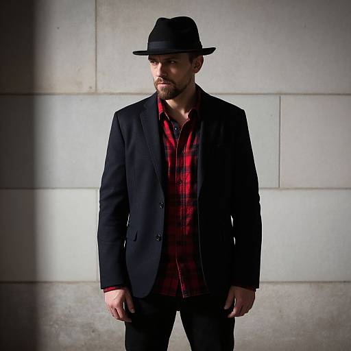 Photograph of a bearded man in black suit, red plaid shirt, and black fedora, standing against a gray concrete wall.