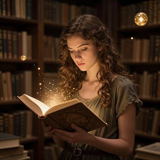 Photograph of a young woman with curly brown hair, wearing a gray, lace-trimmed dress, reading a glowing book in a dimly lit