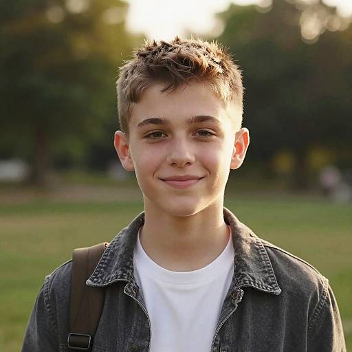 Photograph of a young boy with short brown hair, wearing a white t-shirt and denim jacket, smiling softly, sunlight behind.