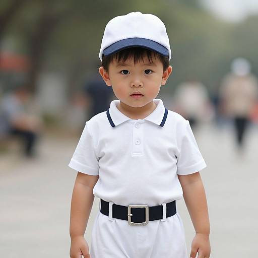 Photograph of a young Asian boy with short black hair, wearing a white sailor outfit, black belt, and white cap, standing in a blurred outdoor