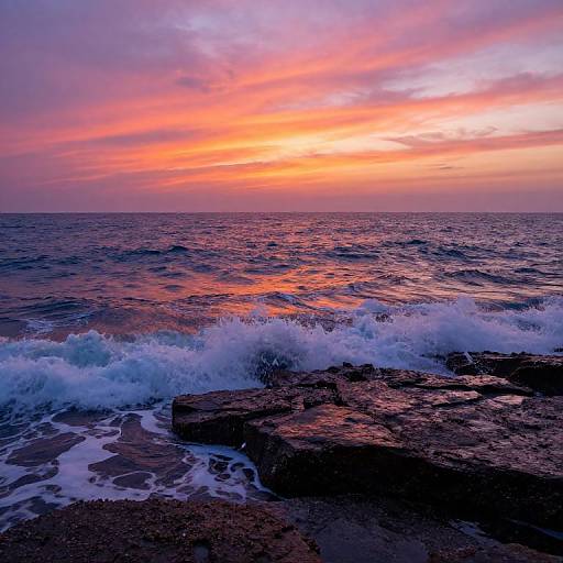 Photograph of a vibrant sunset over a rocky shoreline, with waves crashing against dark rocks, and a sky filled with pink, orange, and purple hues