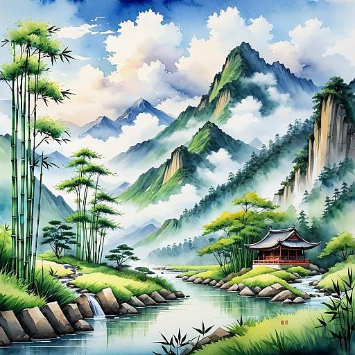 Tranquil Mountain Landscape in Watercolor
