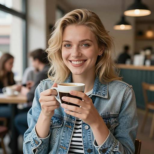 Cheerful Blonde Woman Drinking Coffee