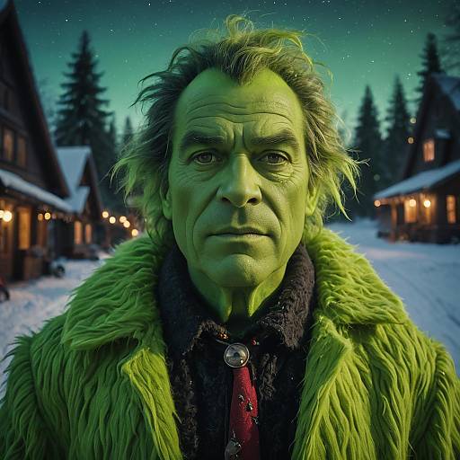 Man in Vintage Grinch Costume in Winter Forest