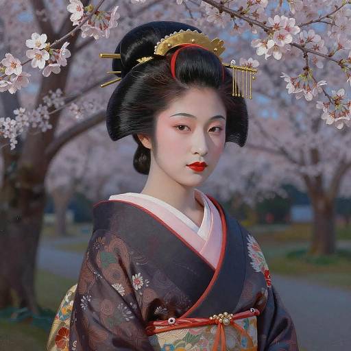 Elegant Geisha in Cherry Blossom Garden