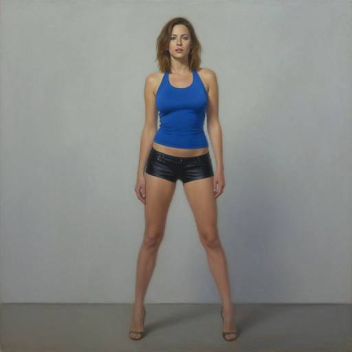 Photograph of a tall, slim, light-skinned woman with shoulder-length brown hair, wearing a blue tank top, black leather shorts, and brown