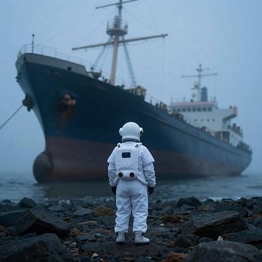 Spacesuited Explorer on Shore Facing Ghost Ship