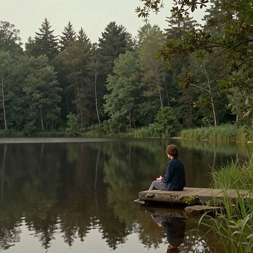 Photograph of a solitary person sitting on a wooden dock by a calm, reflective lake, surrounded by dense, green forest. Overcast sky enhances the