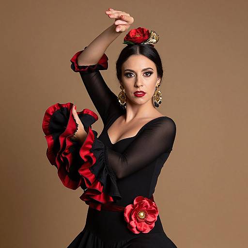 Photograph of a dark-haired woman with red roses in her hair and dress, wearing black and red ruffled attire, elegant earrings, and bold red