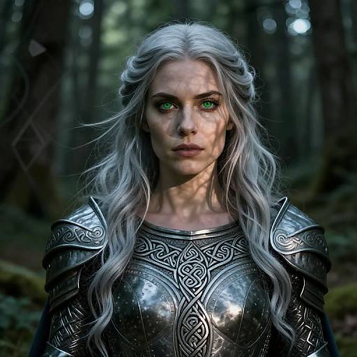 Photorealistic digital artwork of a stern, silver-haired woman with piercing green eyes, wearing ornate, silver medieval armor, standing in a dark forest