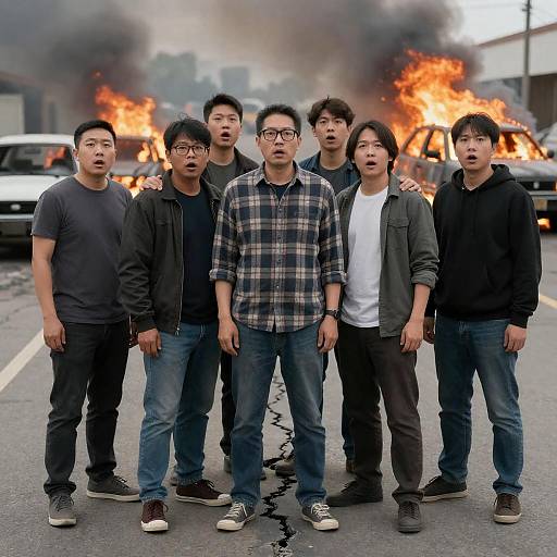 Group of Men Amidst Street Chaos