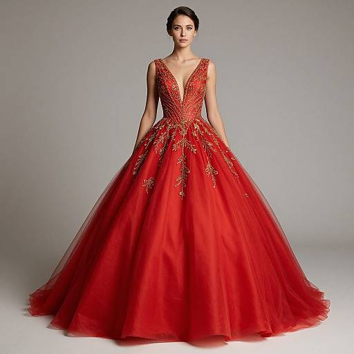 Photograph of a dark-haired woman in a vibrant red, deep V-neck, full-skirted ball gown with intricate gold embroidery, standing against a