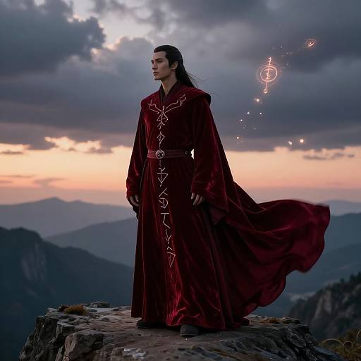 Digital artwork of a dark-haired woman in a red, long-sleeved, magical robe with runes, standing on a mountain peak at sunset, with