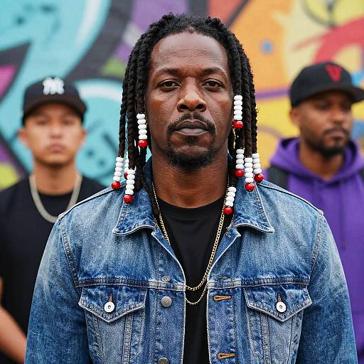 Photograph of a Black man with long dreadlocks, wearing a blue denim jacket, black shirt, and white-beaded earrings, standing in front of