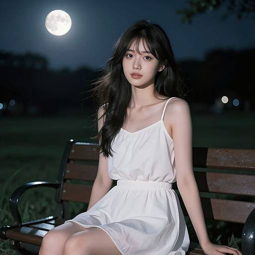 Photograph of an Asian woman with long black hair, wearing a white, spaghetti-strap dress, sitting on a wooden bench at night under a full