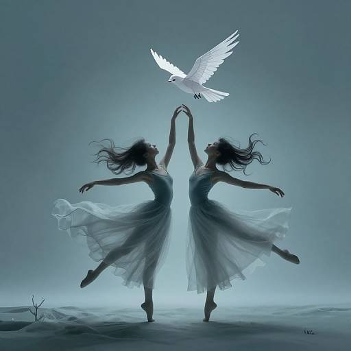 Digital artwork of two silhouetted women in flowing dresses, holding hands, reaching upwards to a white dove in a blue, ethereal background.