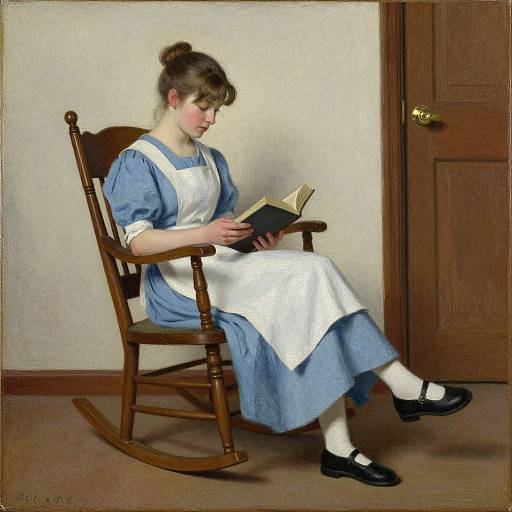 Realistic painting of a young woman with fair skin, brown hair in a bun, wearing a blue dress and white apron, reading a book while