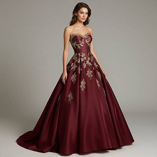 Photograph of a dark-haired woman in a strapless, deep maroon evening gown with gold floral embroidery, standing against a plain gray background.