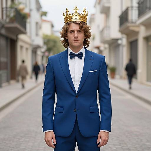 Photograph of a young man with curly brown hair, wearing a blue suit, white shirt, black bow tie, and golden crown, standing on a