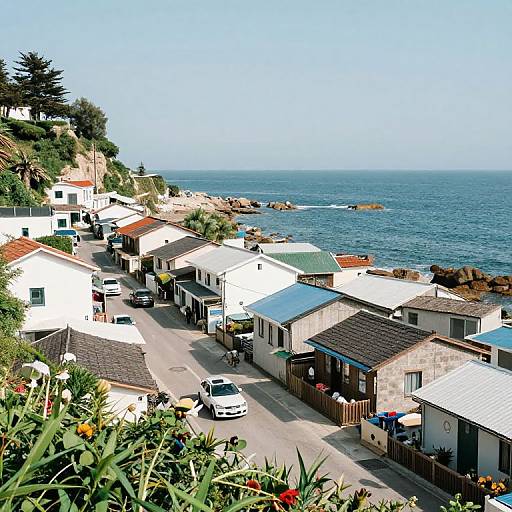 Photograph of a coastal village with white and beige houses, red-tiled roofs, cars parked along the street, and a blue ocean in the background