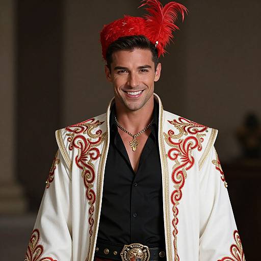 Photograph of a smiling man with dark hair, wearing a white embroidered jacket with red swirls, black shirt, red feathered headpiece, gold