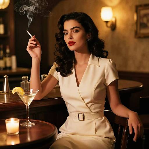 Glamorous woman with dark curly hair, red lipstick, and white dress, smoking a cigarette in a dimly lit, elegant bar.