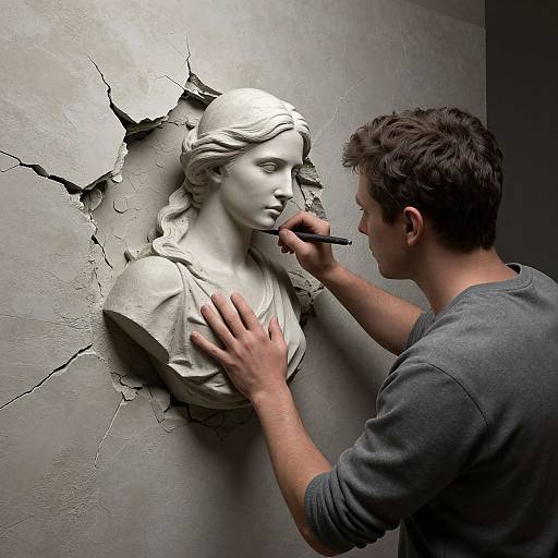 Photograph of a male artist, wearing a gray shirt, carving a white bust of a classical woman with a cracked wall background.