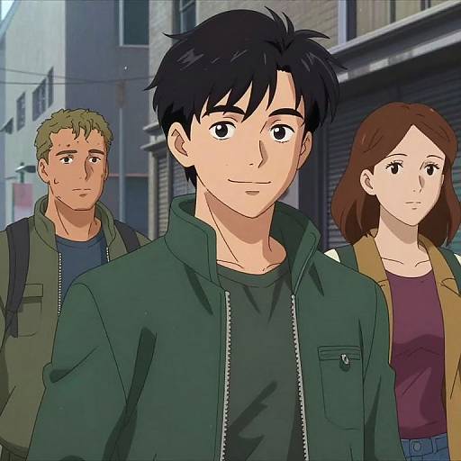 Anime-style digital drawing of three young adults walking on a city street. Center: black-haired man in green jacket, left: blonde man with backpack,