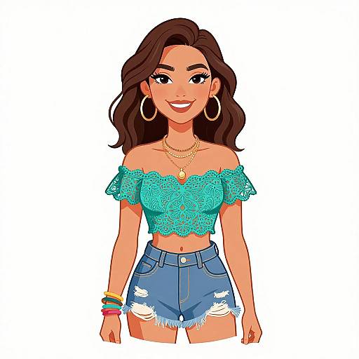 Digital cartoon of a smiling woman with wavy brown hair, wearing a teal lace off-shoulder top, denim shorts, hoop earrings, and layered